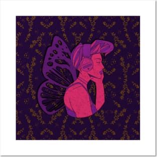 Butterfly woman listening to music in pink Posters and Art